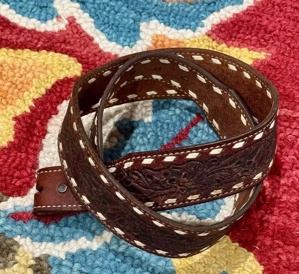 Nocona Belt  #876 Tooled Western Leather Belt w/ White Stitch Sz 34;No Buckle